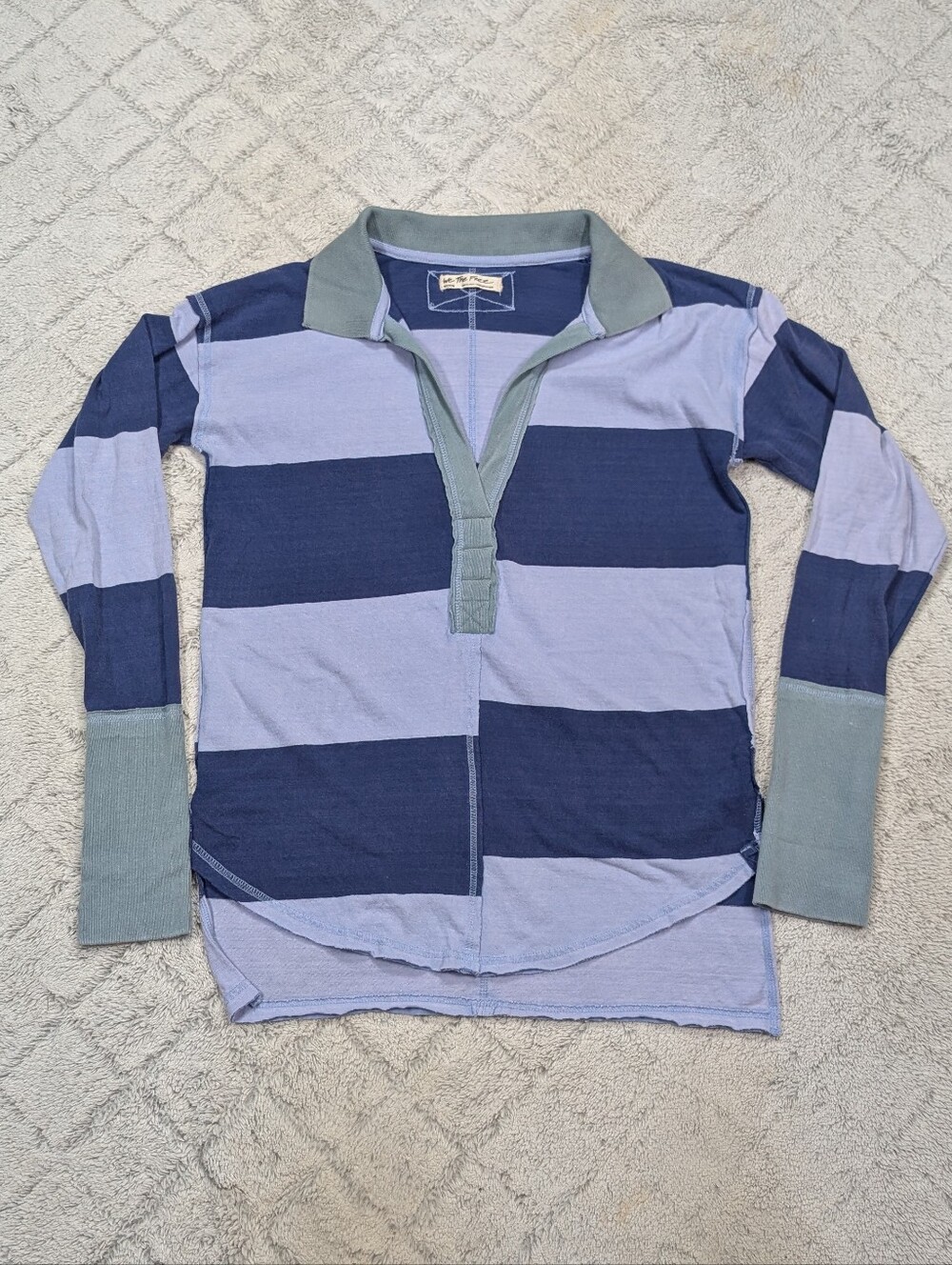 Free People Shirt Womens M Blue Stripe Rugby Polo Tee Long Sleeve Relax Casual